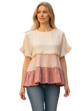 Hayden Cream/Pink Layered Colourblock Short Sleeve Boho Top (M)